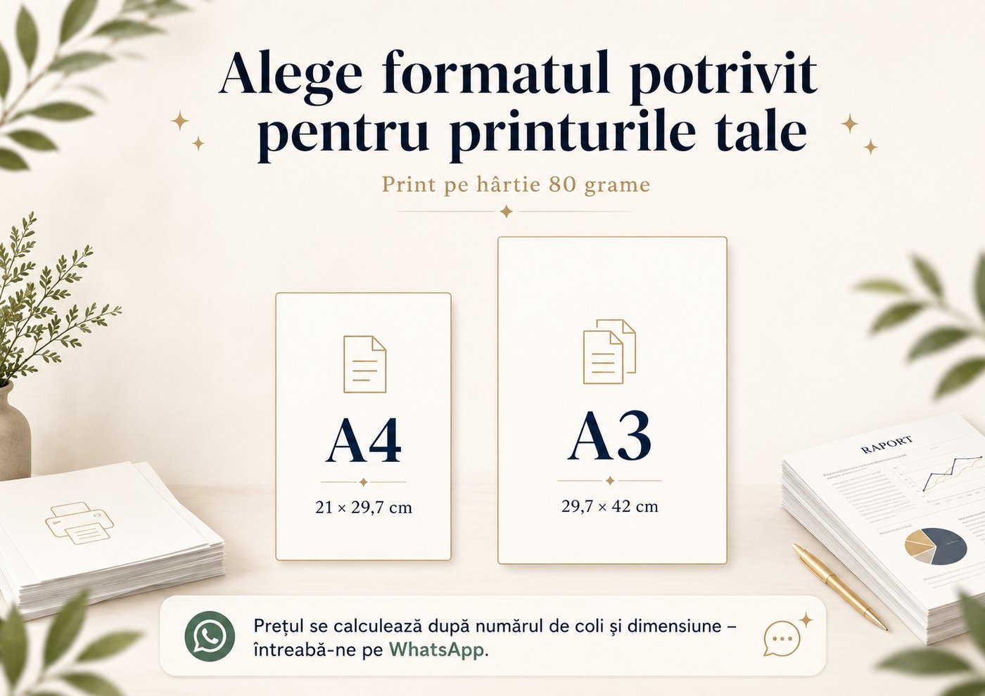 Formate disponibile pentru print documente: A4 (21×29,7 cm) și A3 (29,7×42 cm)