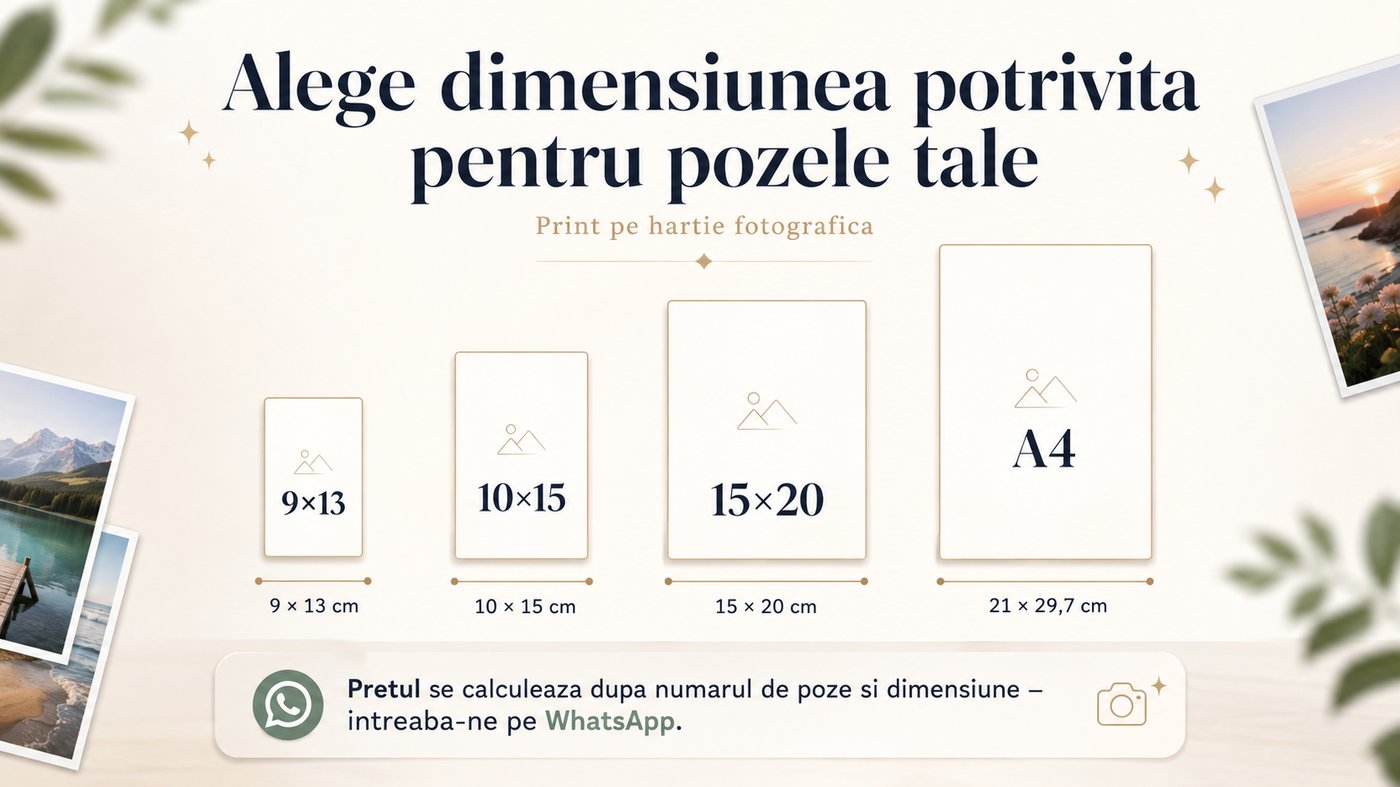 Dimensiuni disponibile pentru print foto: 9×13 cm, 10×15 cm, 15×20 cm și A4 (21×29,7 cm)